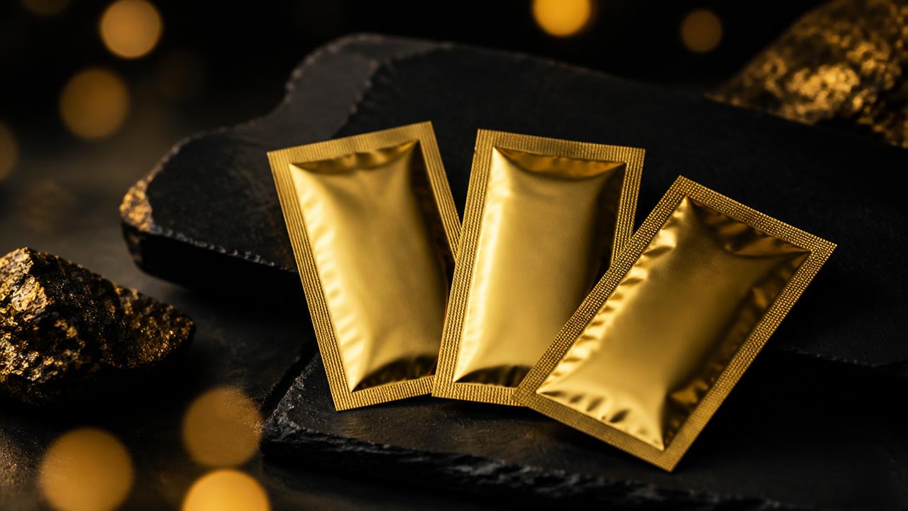Three Aurum Gold foil sachets on black slate in warm light